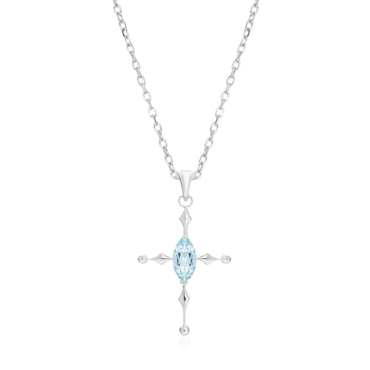 Marquise Aquamarine Cross Necklace in Sterling Silver